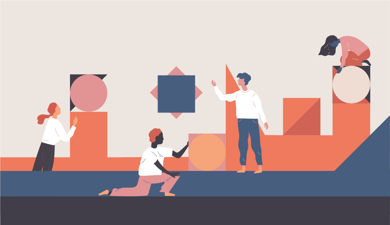 A stylised graphic showing human figures working together to move different shapes around.