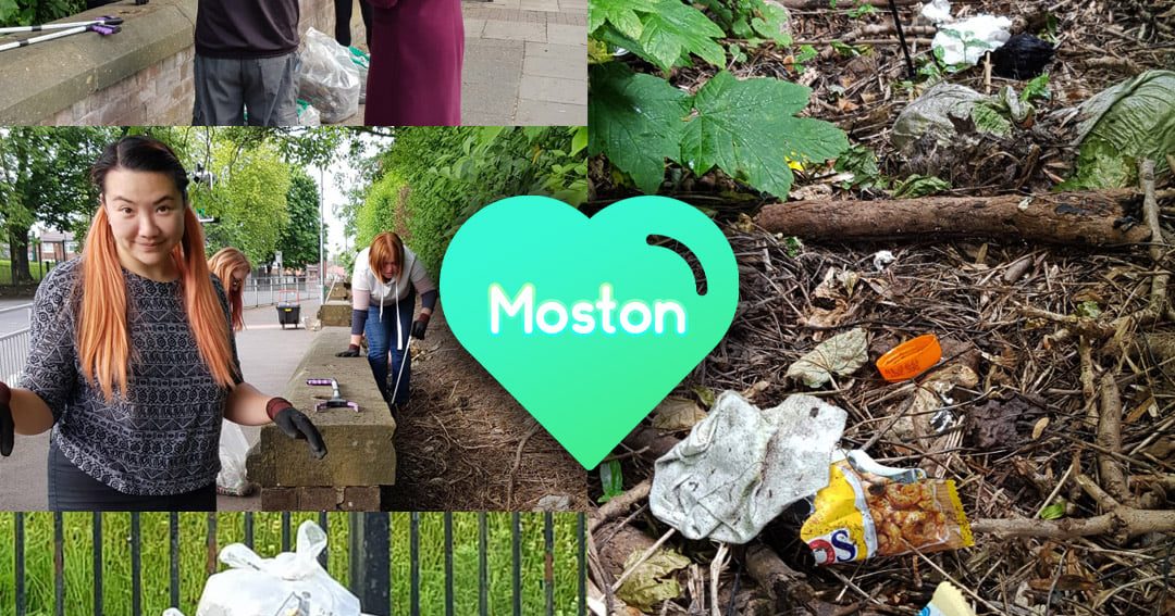 A collage image featuring a picture of litter on the ground, and a woman looking at the camera holding a bag of litter. In the centre is a green heart that says "Moston".