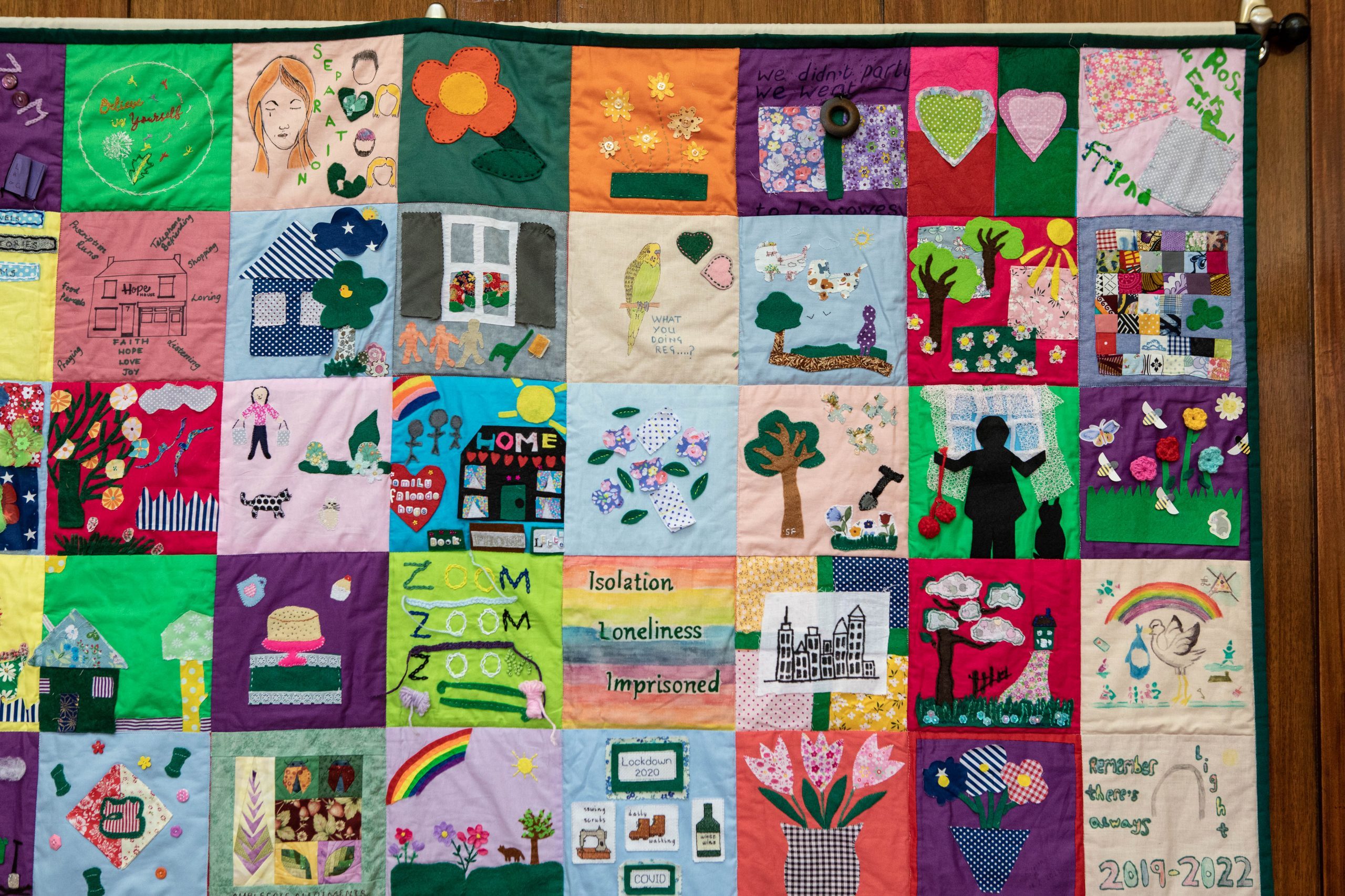 community quilt to represent experiences of the Covid-19 pandemic