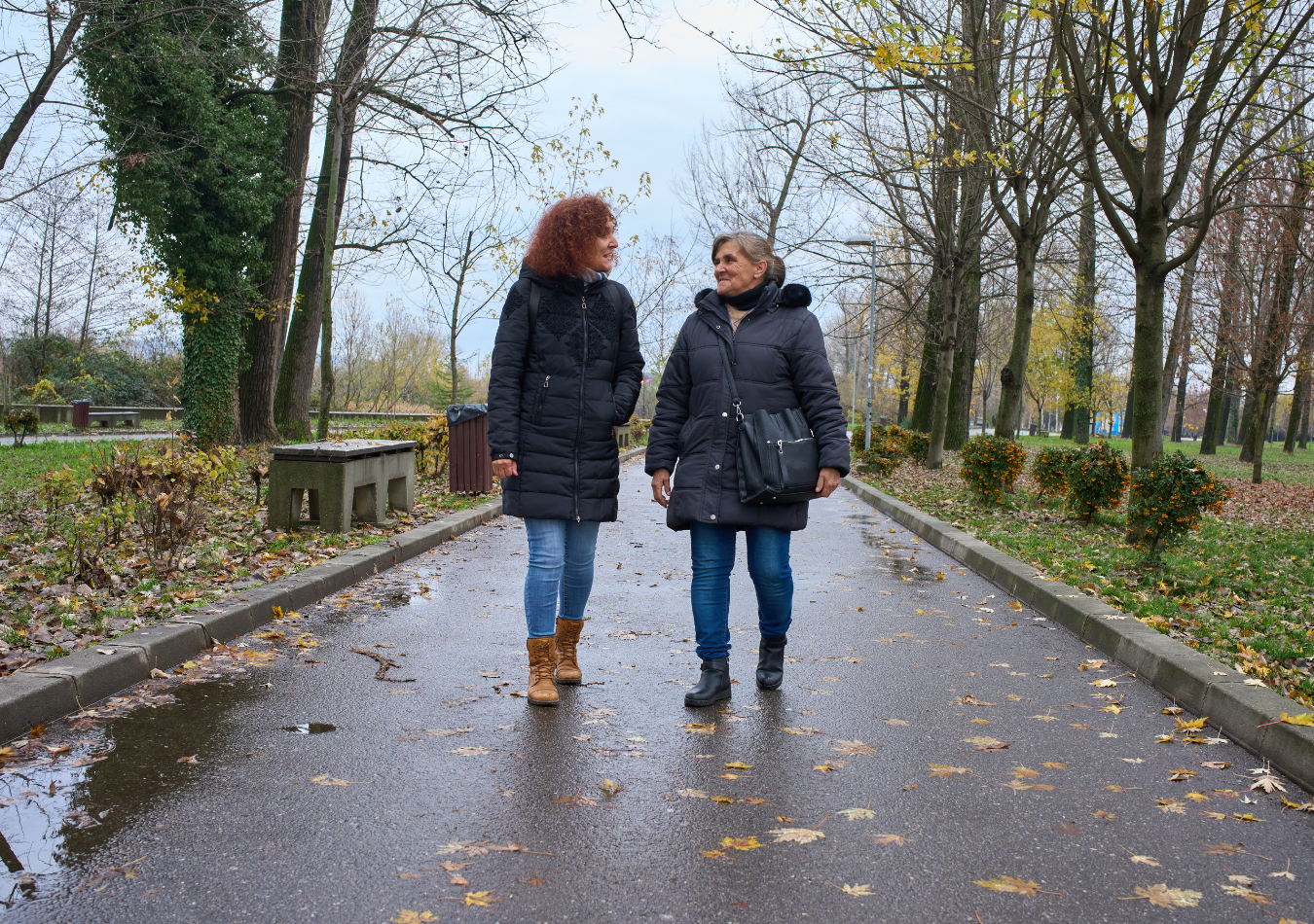 Two women walk through a park, chatting.